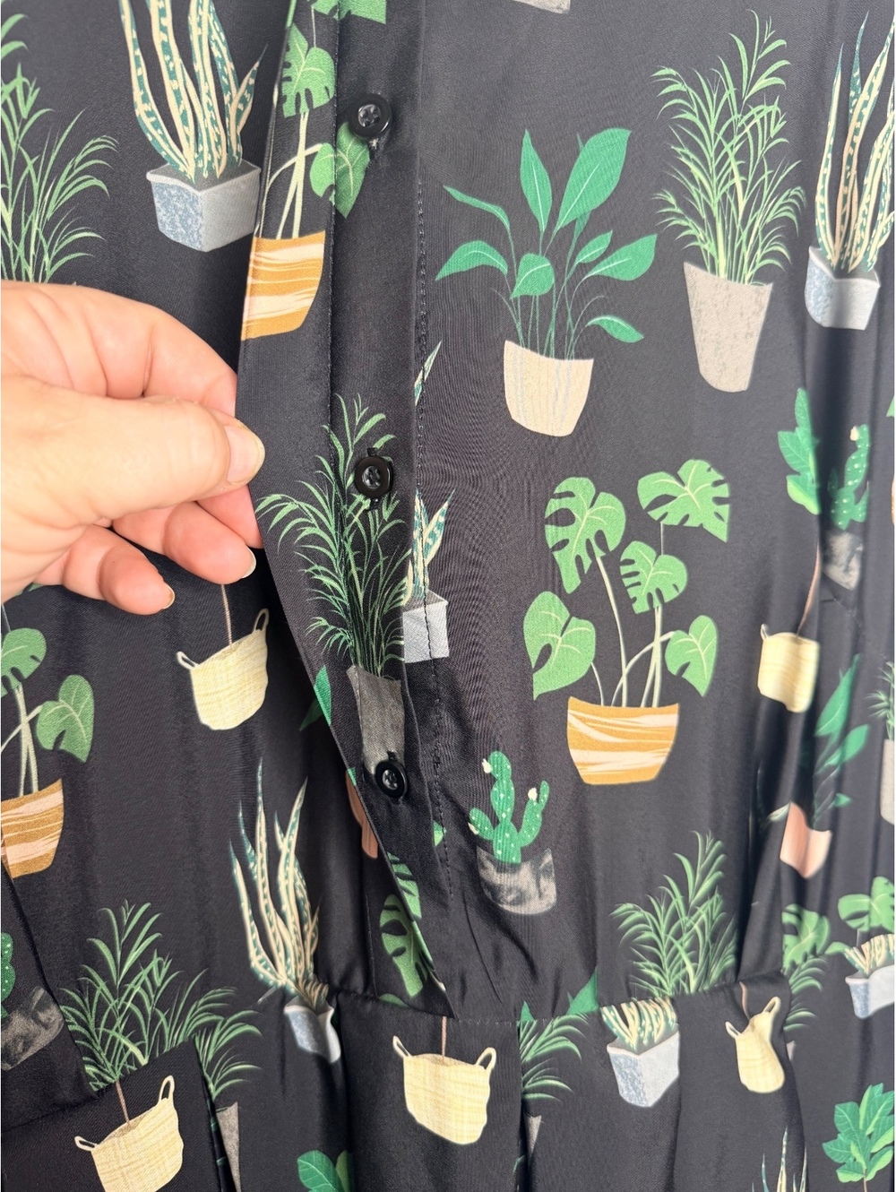 ELOQUII Plant Print Midi Shirt Dress Size 26 Black Button Front Long Sleeve - Picture 5 of 6